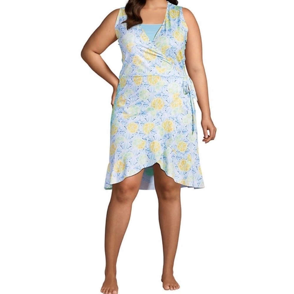 LANDS' END Classic Cobalt Citrus Geo Midi Wrap Dress Swimsuit Coverup 2X